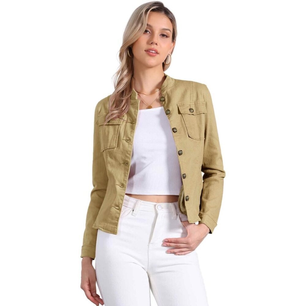 Women's Casual Denim Jacket Classic Stand Collar Long Sleeve Jean Jacket Khaki